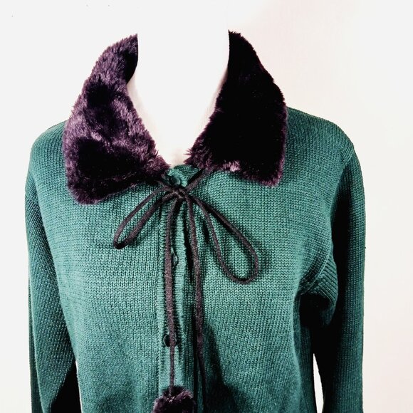 Vintage Marisa Christina Drk Green Cardigan Faux Fur Collar W Pom Christmas 2001 - Picture 9 of 15